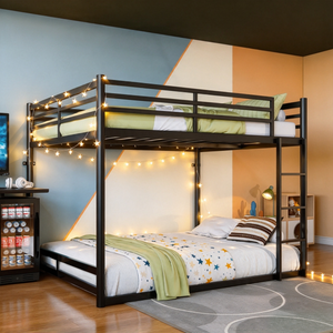 Queen Size Loft Bed for Kids & Teens, Metal Bed Frame with Ladder, 10.9-Inch Full-Length Guardrails, 36.3-Inch Under-Bed Clearance, 330 Lb Capacity, Black