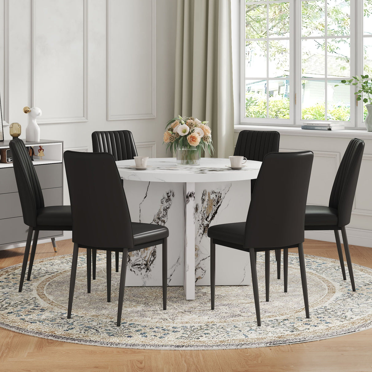 7 Piece Round Dining Table Set, Modern Round Table And 6 Upholstered Chairs For Dining Room, Kitchen Room, Living Room - White / Black by Couch.com