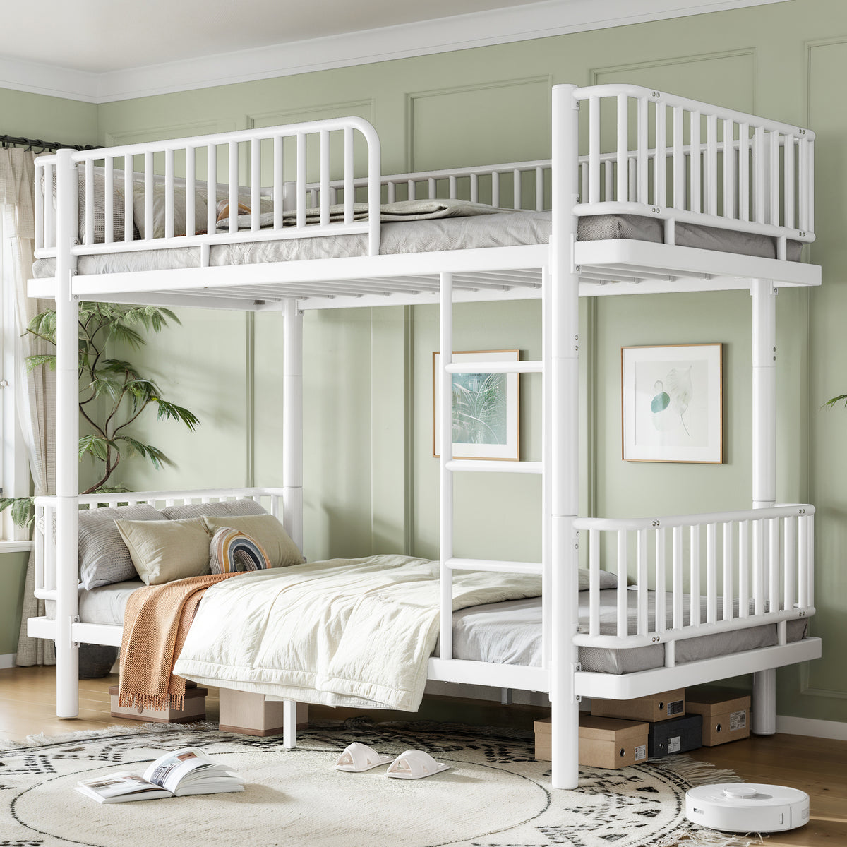 Twin XL over Twin XL Bunk Bed featuring Ladders & Guardrails, Metal Bunk Bed Frame with Upgraded Safety Round-Pipe Design, Can Transformed into 2 Platform Bed, White