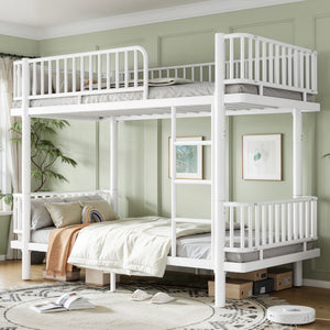 Twin XL over Twin XL Bunk Bed featuring Ladders & Guardrails, Metal Bunk Bed Frame with Upgraded Safety Round-Pipe Design, Can Transformed into 2 Platform Bed, White