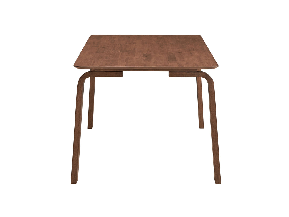 The Ginny dining table has a rectangular top with a modern design, featuring four curved legs and a walnut finish. It's viewed from the front against a plain white background.
