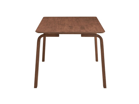 The Ginny dining table has a rectangular top with a modern design, featuring four curved legs and a walnut finish. It's viewed from the front against a plain white background.