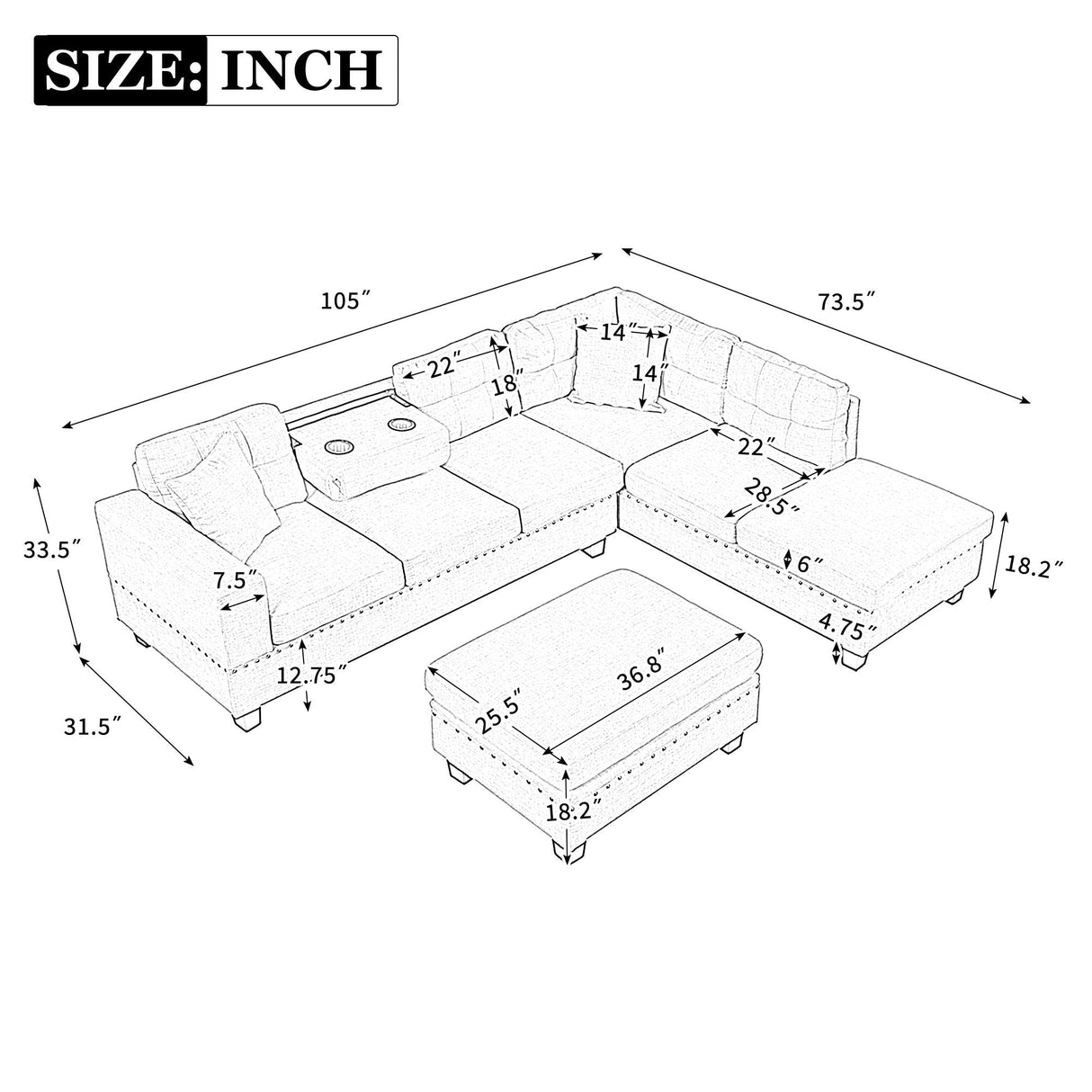 Modern Sectional Sofa With Storage Ottoman, L-Shape Couch With 2 Pillows And Cup Holder, Sectional Sofa With Reversible Chaise For Living Room by Couch.com