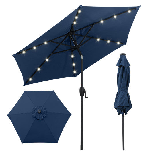 7.5 Feet Solar Powered Patio Umbrella with LED Lights and Crank Handle-Navy
