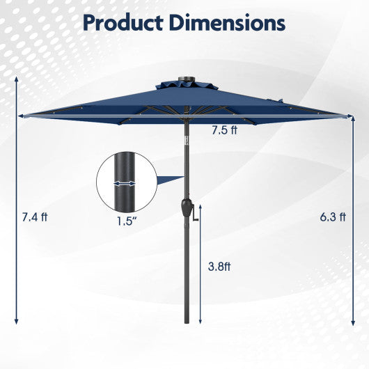 7.5 Feet Solar Powered Patio Umbrella with LED Lights and Crank Handle-Navy