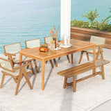 8-Person Outdoor Acacia Wood Dining Rectangular Bistro Table with Umbrella Hole