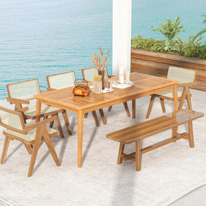 8-Person Outdoor Acacia Wood Dining Rectangular Bistro Table with Umbrella Hole