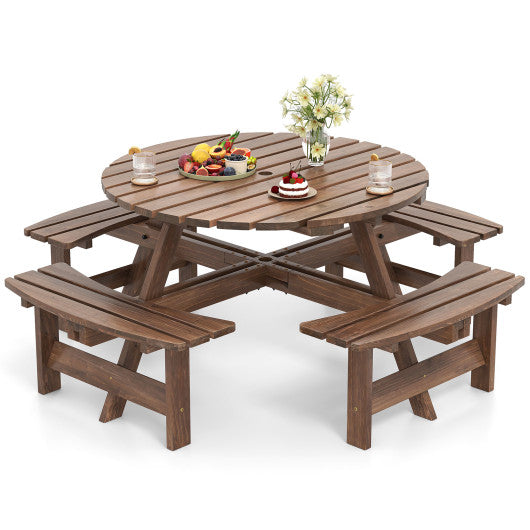 8-Person Round Picnic Table Set Circular Patio Dining Camping Table with Benches-Brown