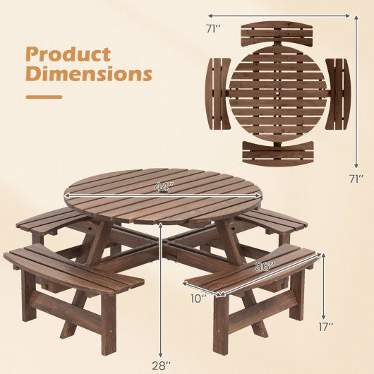 8-Person Round Picnic Table Set Circular Patio Dining Camping Table with Benches-Brown