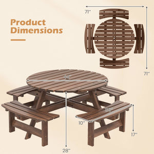 8-Person Round Picnic Table Set Circular Patio Dining Camping Table with Benches-Brown