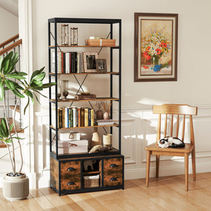 8-tier Bookshelf with 4 Fabric Drawers  and Heavy-duty Metal Frame-Coffee