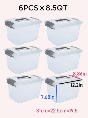 6PCS 8.5 Qt Clear Plastic Storage Boxes Stackable w Lock Lid & Handle