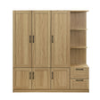 A modern, minimalist 3-door light brown wooden wardrobe features black handles on the left and open shelves with two drawers on the right.