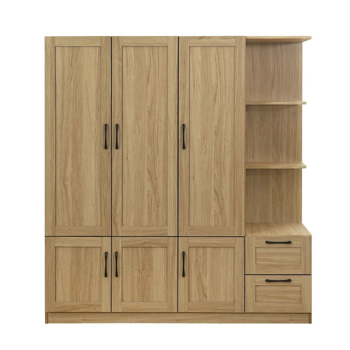 A modern, minimalist 3-door light brown wooden wardrobe features black handles on the left and open shelves with two drawers on the right.