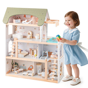 Wooden Dollhouse Kids DIY Pretend Playhouse with 33 PCS Furniture Accessories-Green