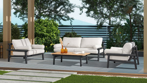 Zara - Dowel Frame Patio Coffee Table With Teak Top - Black / Natural / Teak by Couch.com