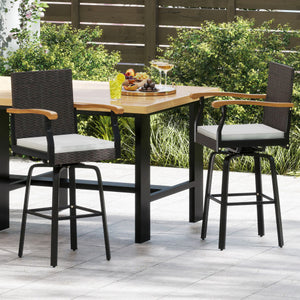 Set of 2 Outdoor 360° Swivel Bar Stool with Cushion and Acacia Wood Armrests