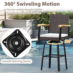 One Outdoor 360Â° Swivel Bar Stool with Cushion and Acacia Wood Armrests
