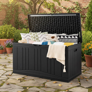 80 Gallon Outdoor Deck Box with Lockable Lid for Garden Tools Cushions-Black