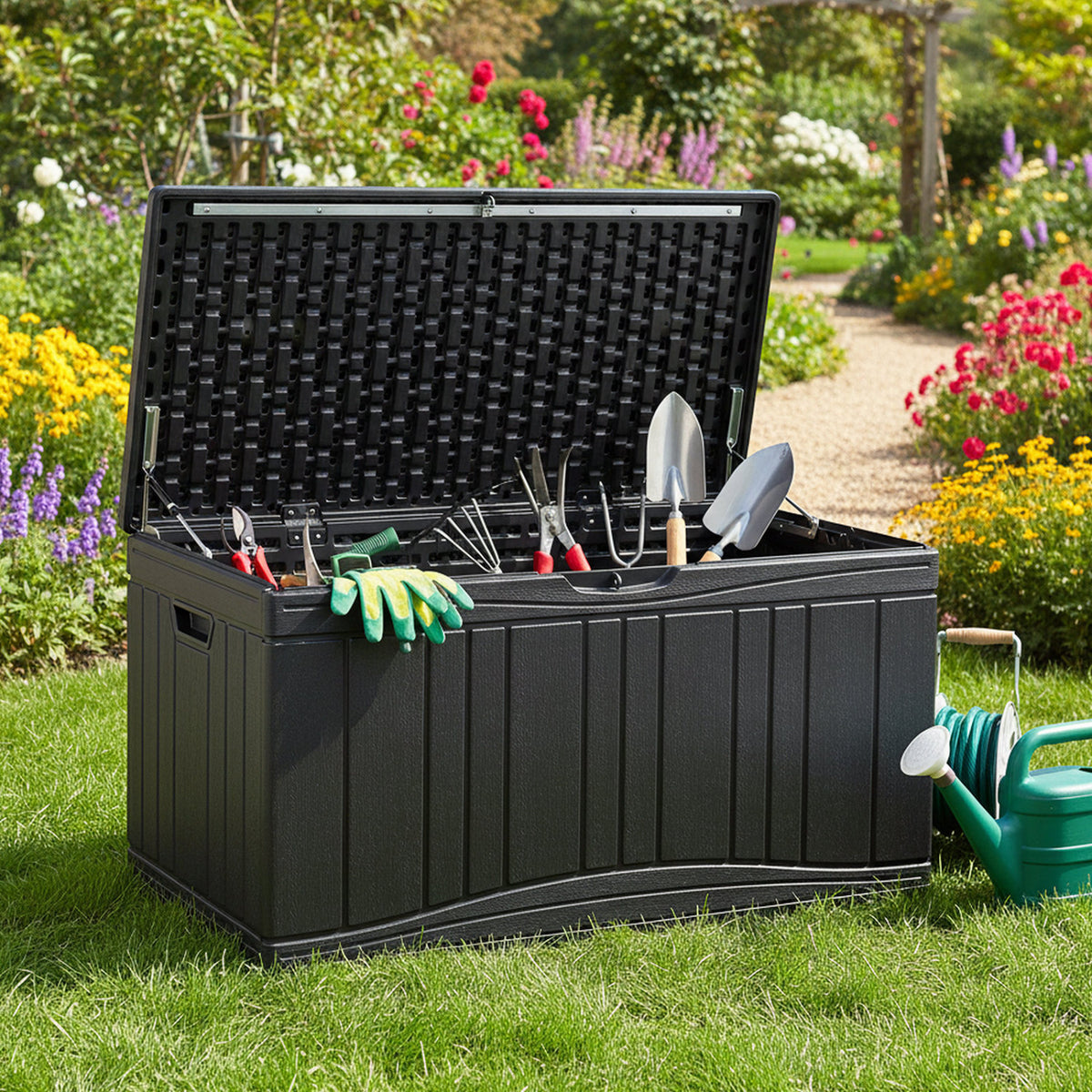 80 Gallon Outdoor Deck Box with Lockable Lid for Garden Tools Cushions-Black