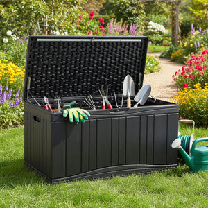 80 Gallon Outdoor Deck Box with Lockable Lid for Garden Tools Cushions-Black