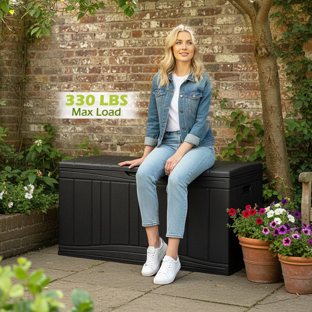 80 Gallon Outdoor Deck Box with Lockable Lid for Garden Tools Cushions-Black