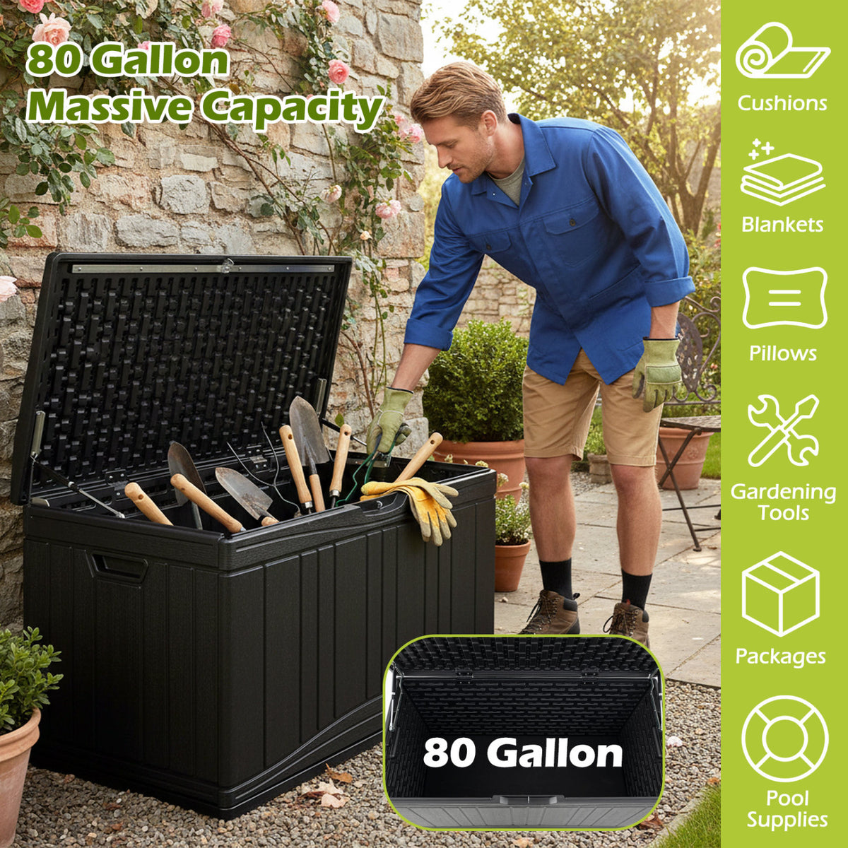 80 Gallon Outdoor Deck Box with Lockable Lid for Garden Tools Cushions-Black