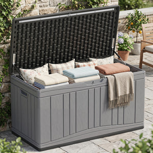 80 Gallon Outdoor Deck Box with Lockable Lid for Garden Tools Cushions-Gray