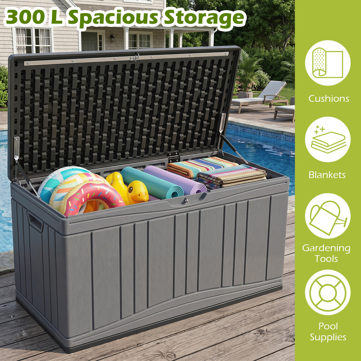 80 Gallon Outdoor Deck Box with Lockable Lid for Garden Tools Cushions-Gray