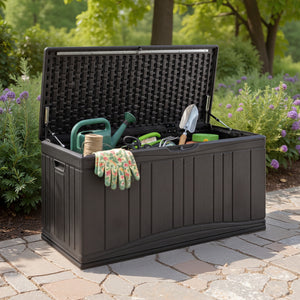 80 Gallon Outdoor Deck Box with Lockable Lid for Garden Tools Cushions-Brown
