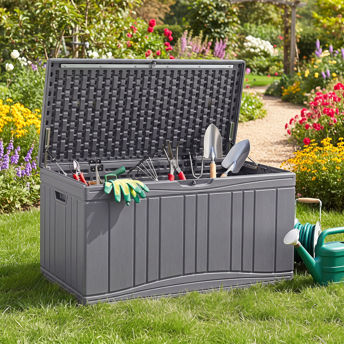 80 Gallon Outdoor Deck Box with Lockable Lid for Garden Tools Cushions-Gray color