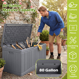 80 Gallon Outdoor Deck Box with Lockable Lid for Garden Tools Cushions-Gray color