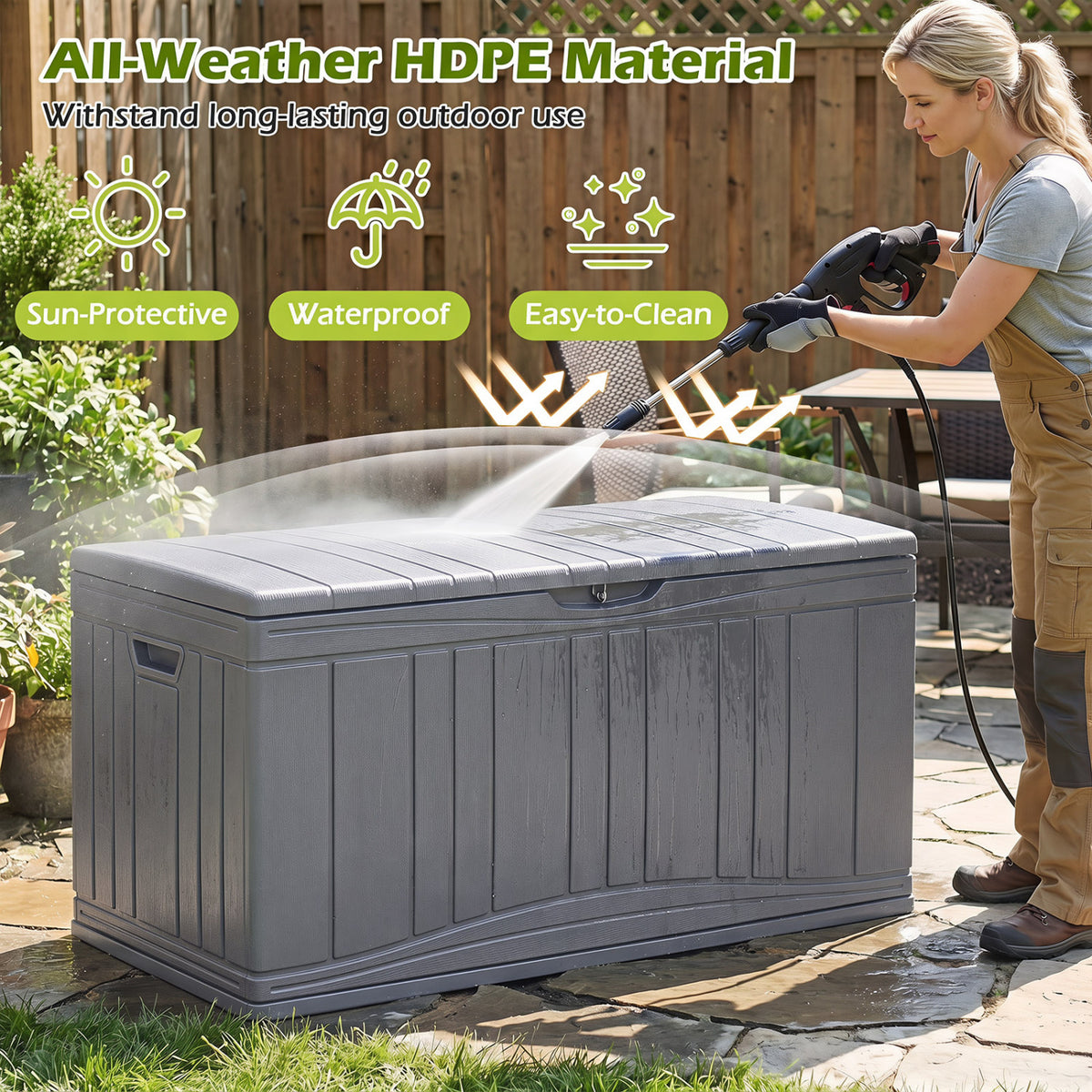 80 Gallon Outdoor Deck Box with Lockable Lid for Garden Tools Cushions-Gray color
