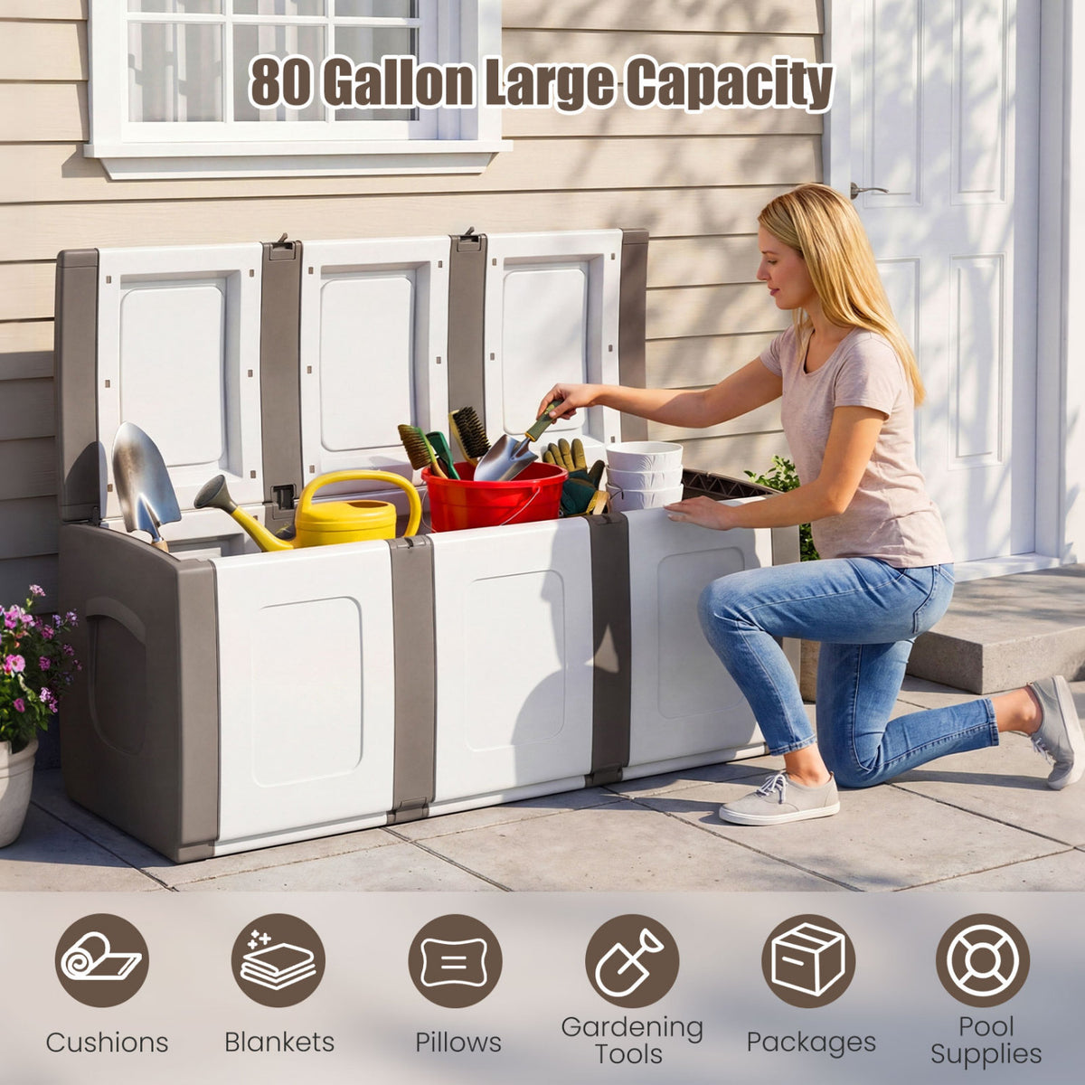 80 Gallon Patio Container with Lockable Lid for Packages and Garden-Beige