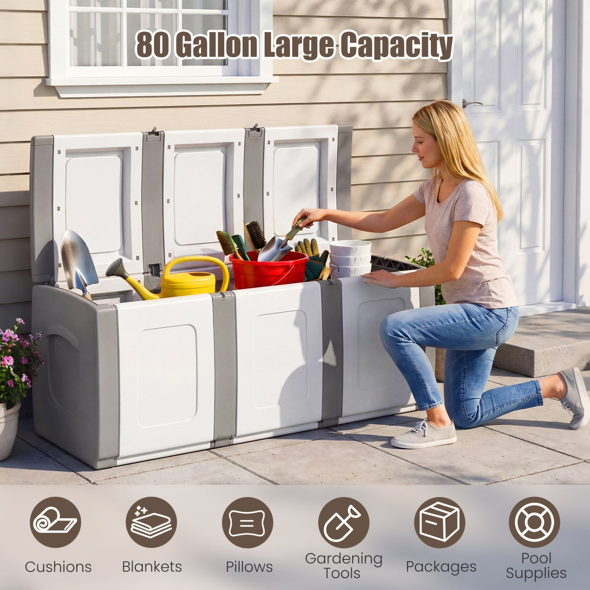 80 Gallon Patio Container with Lockable Lid for Packages and Garden-Gray