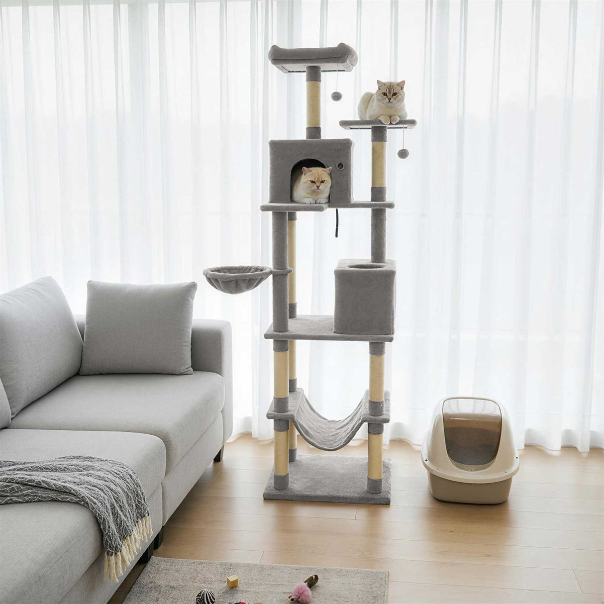 80 Inches Tall Cat Tree with 2 Large Condos and Dangling Toys-Light Gray
