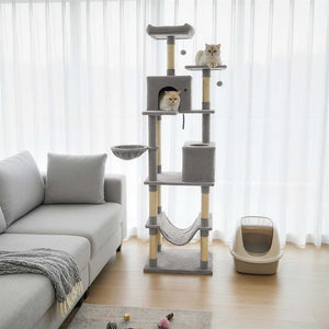 80 Inches Tall Cat Tree with 2 Large Condos and Dangling Toys-Light Gray