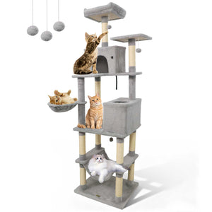 80 Inches Tall Cat Tree with 2 Large Condos and Dangling Toys-Light Gray