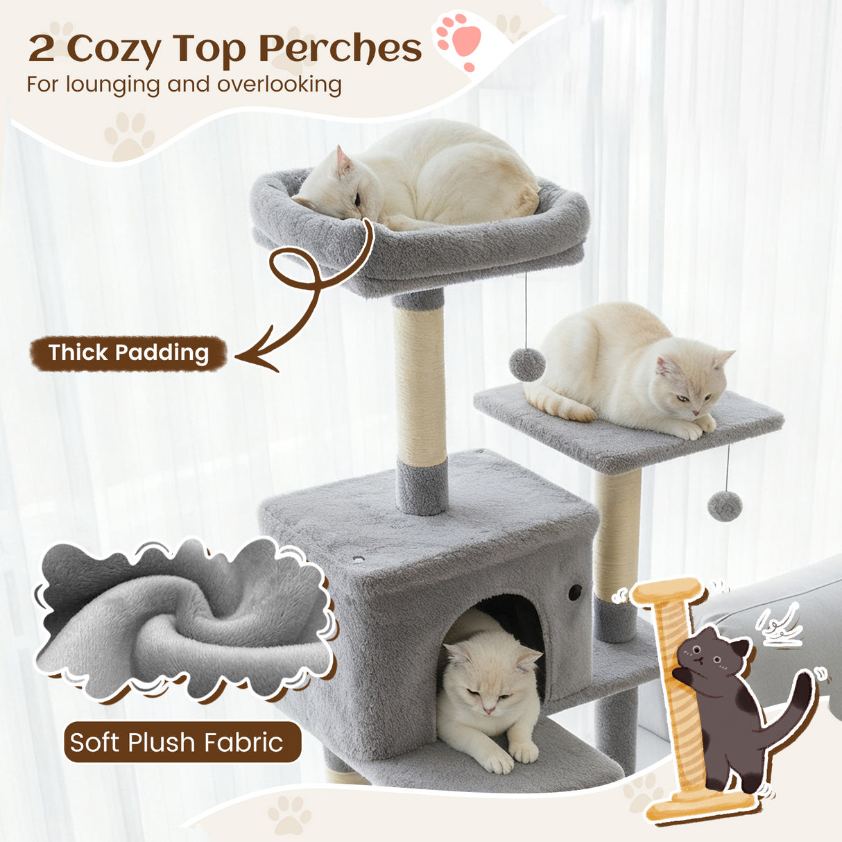 80 Inches Tall Cat Tree with 2 Large Condos and Dangling Toys-Light Gray
