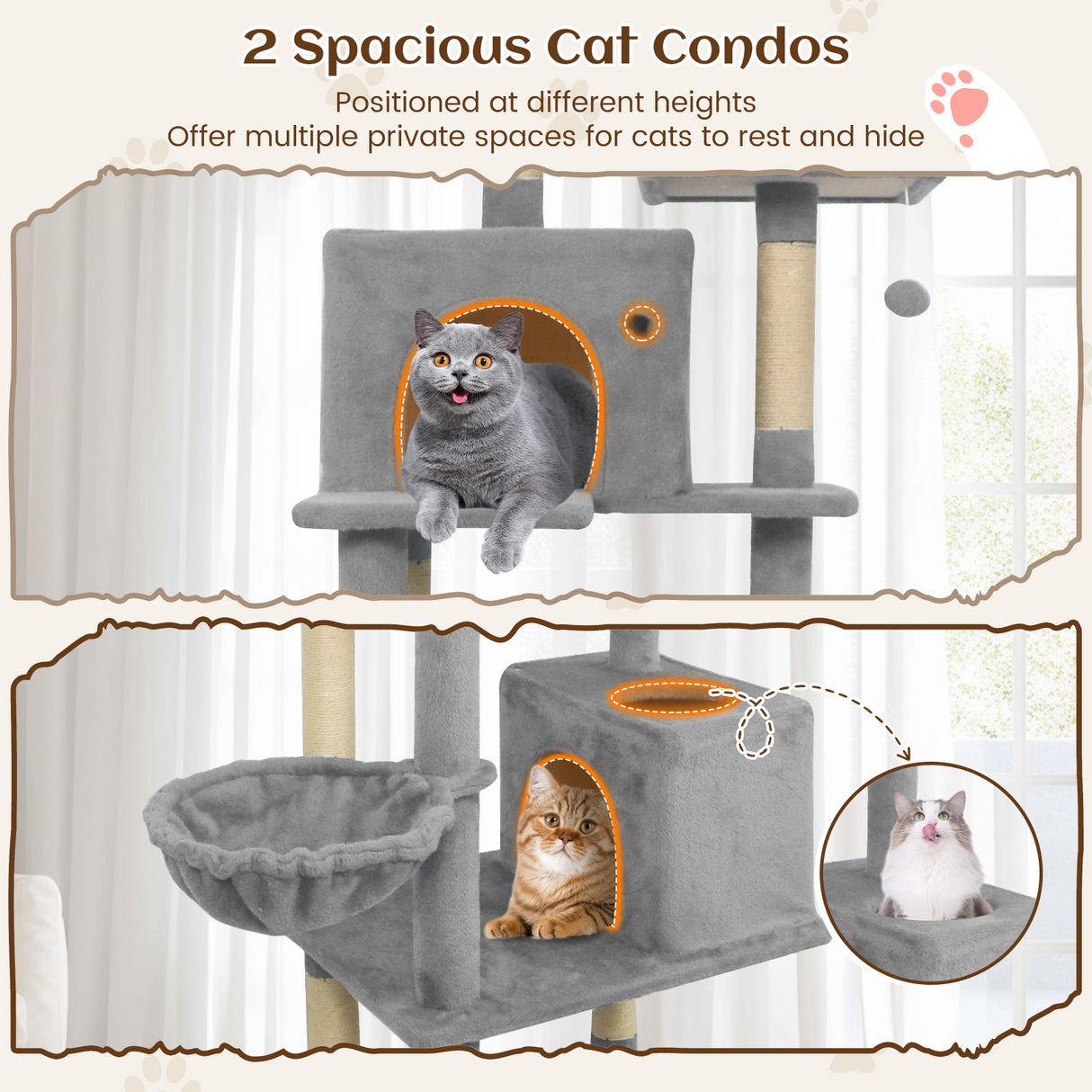 80 Inches Tall Cat Tree with 2 Large Condos and Dangling Toys-Light Gray