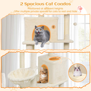 80 Inches Tall Cat Tree with 2 Large Condos and Dangling Toys-Beige