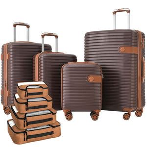 A brown hardshell 4 Piece Luggage Suitcase Set featuring varied sizes, four spinner wheels, telescopic handles, and accompanied by 4 packing cubes with zippers is stacked neatly in front.