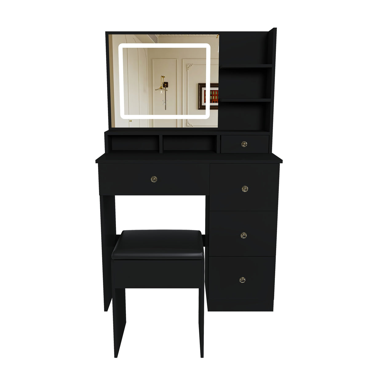 Modern Fashion Vanity Desk with 3-Color Lighting, Mirror, 5 Drawers, Hair Dryer Stand, Power Socket, and Stool in Black MDF