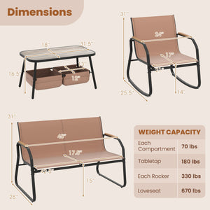 4 Pieces Patio Furniture Set with Rocking Bistro Chairs and Breathable Mesh Fabric-Coffee