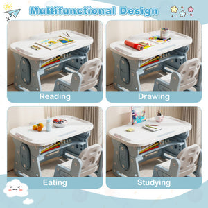 Height Adjustable Kids Table and Chair Set with Tiltable Whiteboard and Concave Shelf-Blue