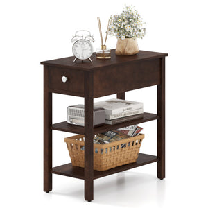 3-Tier Narrow End Table with Drawer and Storage Shelves-Walnut