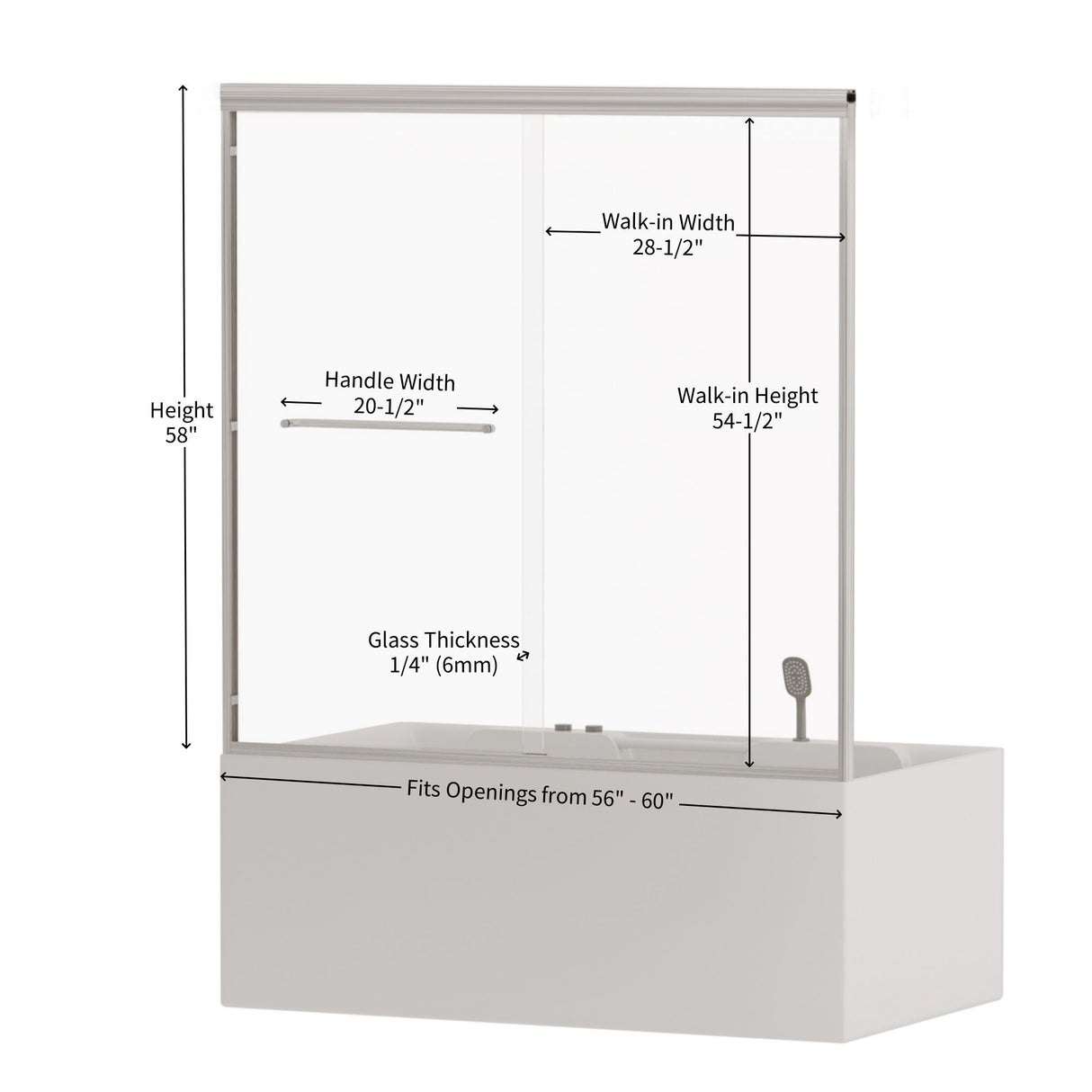 Double Sliding Bathtub Shower Door, Semi Frameless Bypass, 1 / 4" (6Mm) With Explosion - Proof Film, Adjustable Aluminum Alloy Frame by Couch.com