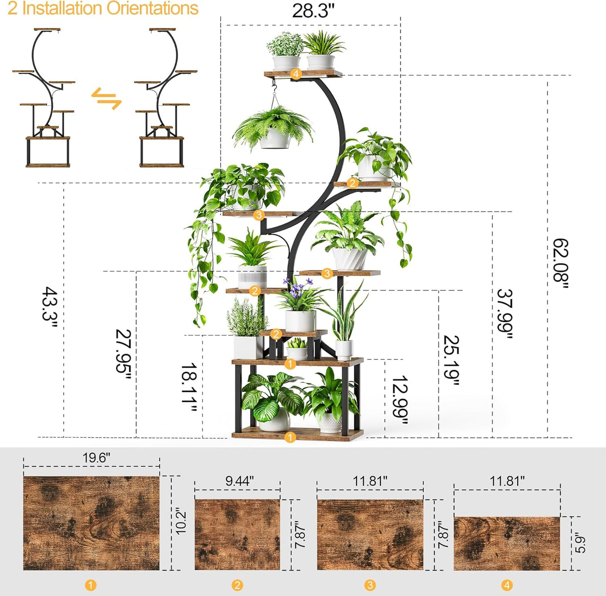 8 Tiered 62" Plant Stand Indoor with Grow Lights, S-Shaped Plant Rack for Home,Patio