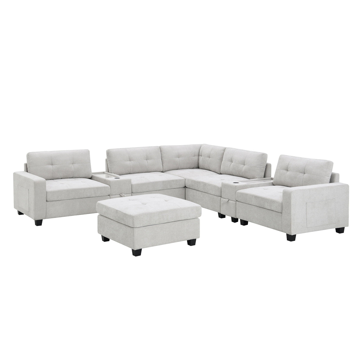 Sectional With Acrylic Table Top U Shaped Couch Set With 2 Consoles USB Charger, Storage Drawers And Pockets Movable Ottoman Tufted Sofa by Couch.com