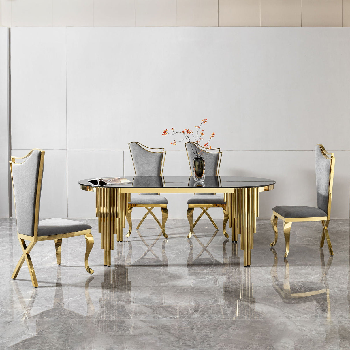 Glass Top Oval Dining Table With Gold Stainless Steel Base For 8 Seats - Gold / Black by Couch.com